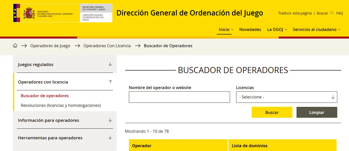 Registro público español de operadores con licencia de juego estatal