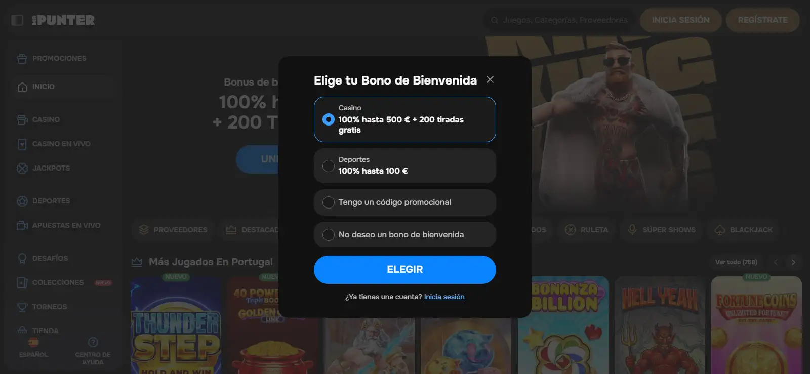 Registro de MrPunter con opción de elegir una promoción o continuar sin bono