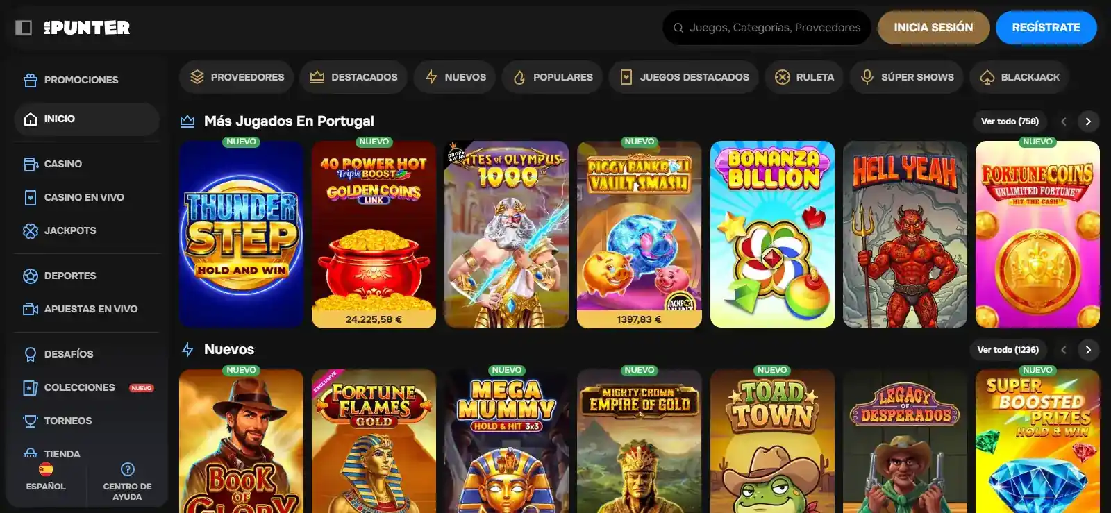 Catálogo de MrPunter con distintas opciones de casino organizadas por categorías