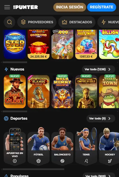 MrPunter en un teléfono móvil con navegación de casino y apuestas deportivas