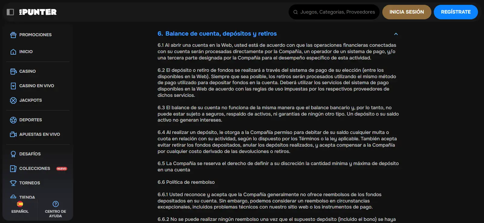 Condiciones de retirada de MrPunter con límites y plazos de gestión