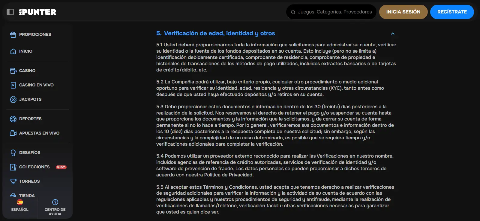 Condiciones de MrPunter sobre comprobación de identidad y documentación de la cuenta
