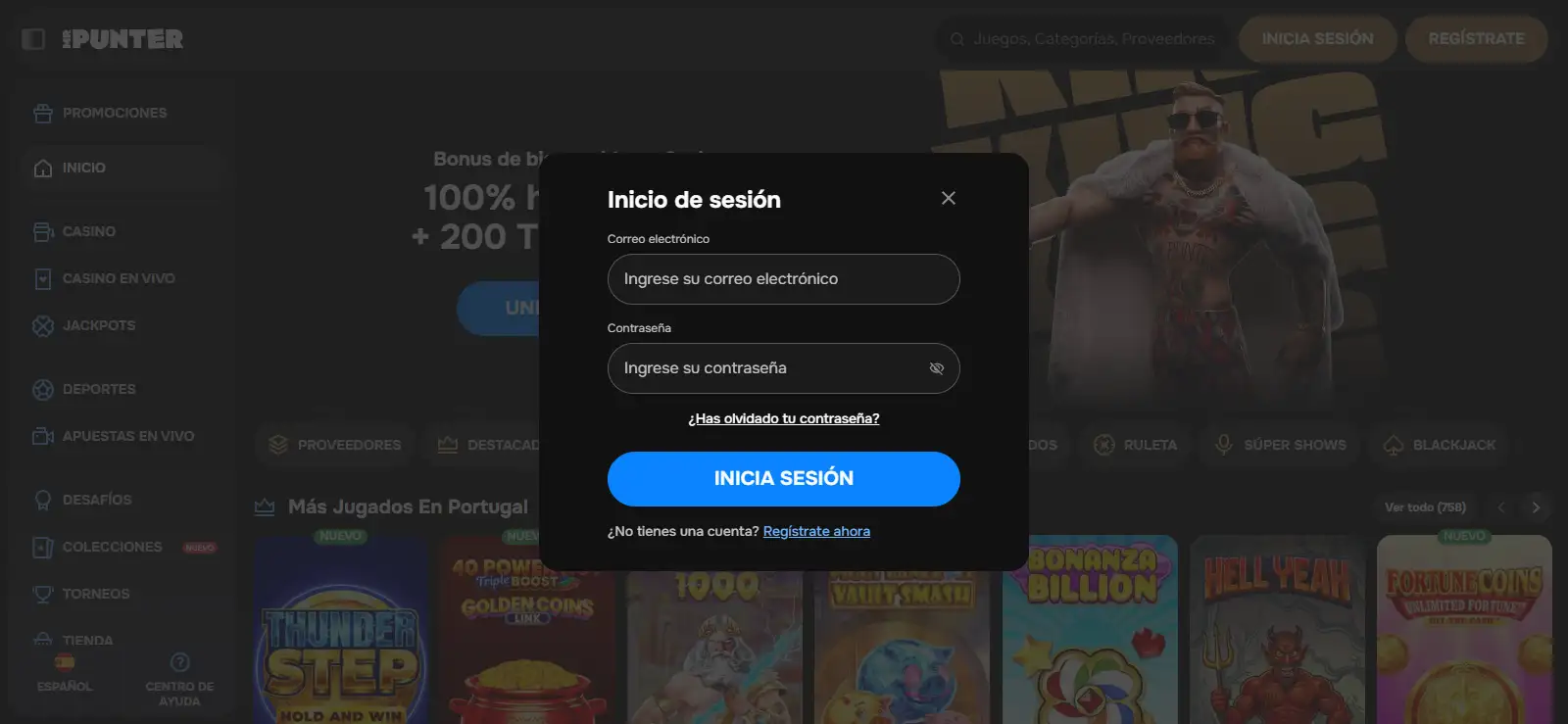 Acceso a MrPunter con campos de inicio de sesión y opción para crear una cuenta