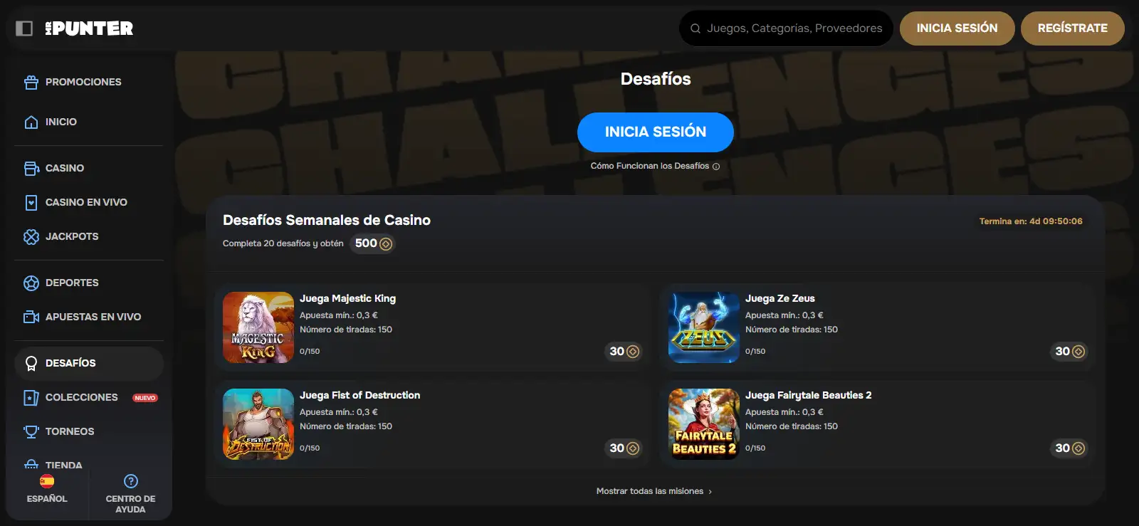 Challenges de MrPunter con tareas de casino, deporte y recompensas en Coins