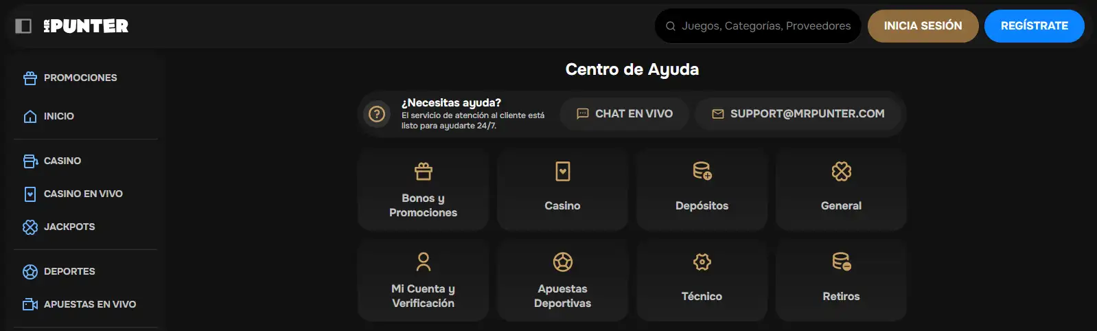 MrPunter en español con acceso a casino, deportes y opciones de ayuda